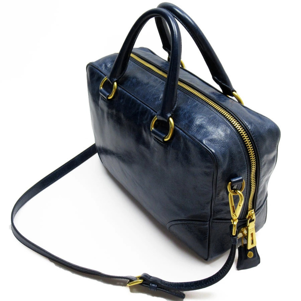 Prada Bag Galleria Gold Saffiano Blue 2way Leather Navy Shoulder